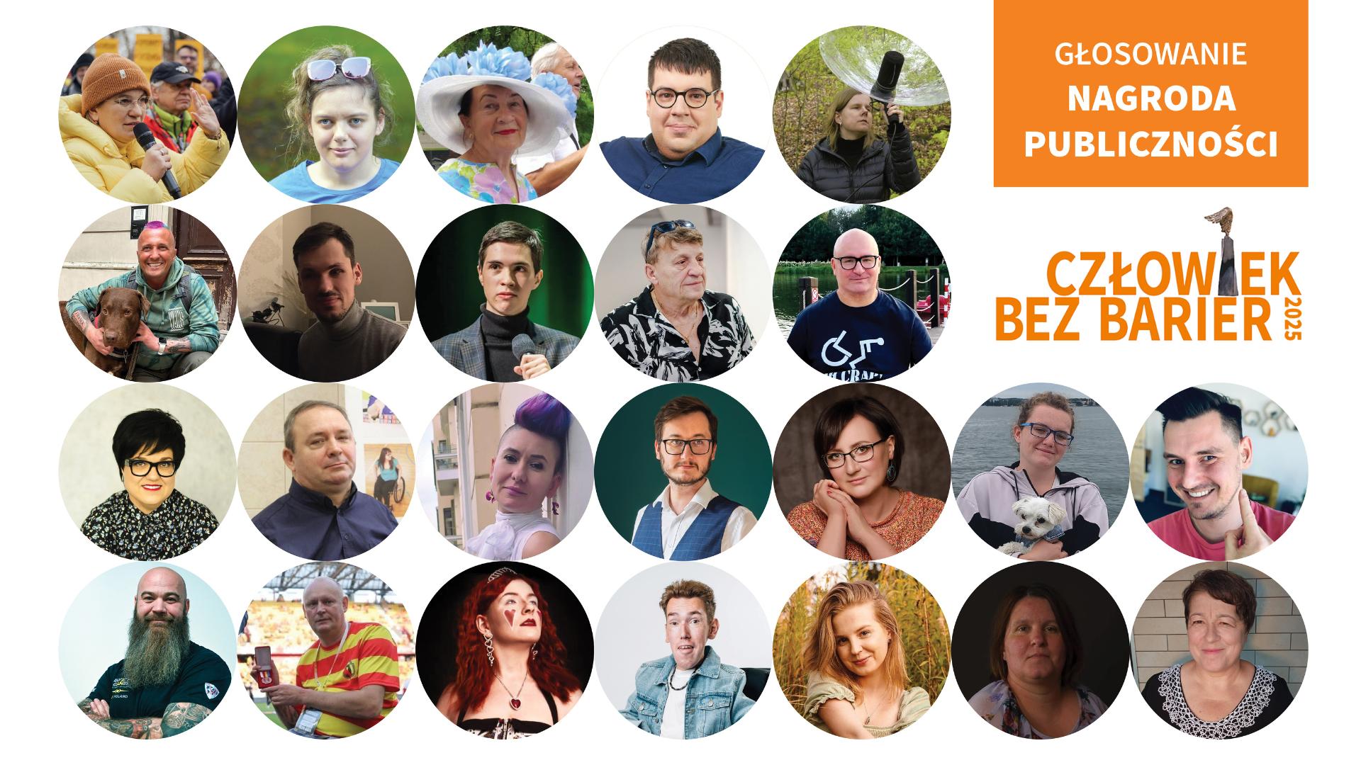 Grafika przedstawia kompozycję złożoną z kropek, w które wpisane są portrety 24 finalistów, obok kompozycji na pomorańczowym tle napis Głosowanie Nagroda Publiczności i logotyp konkursu