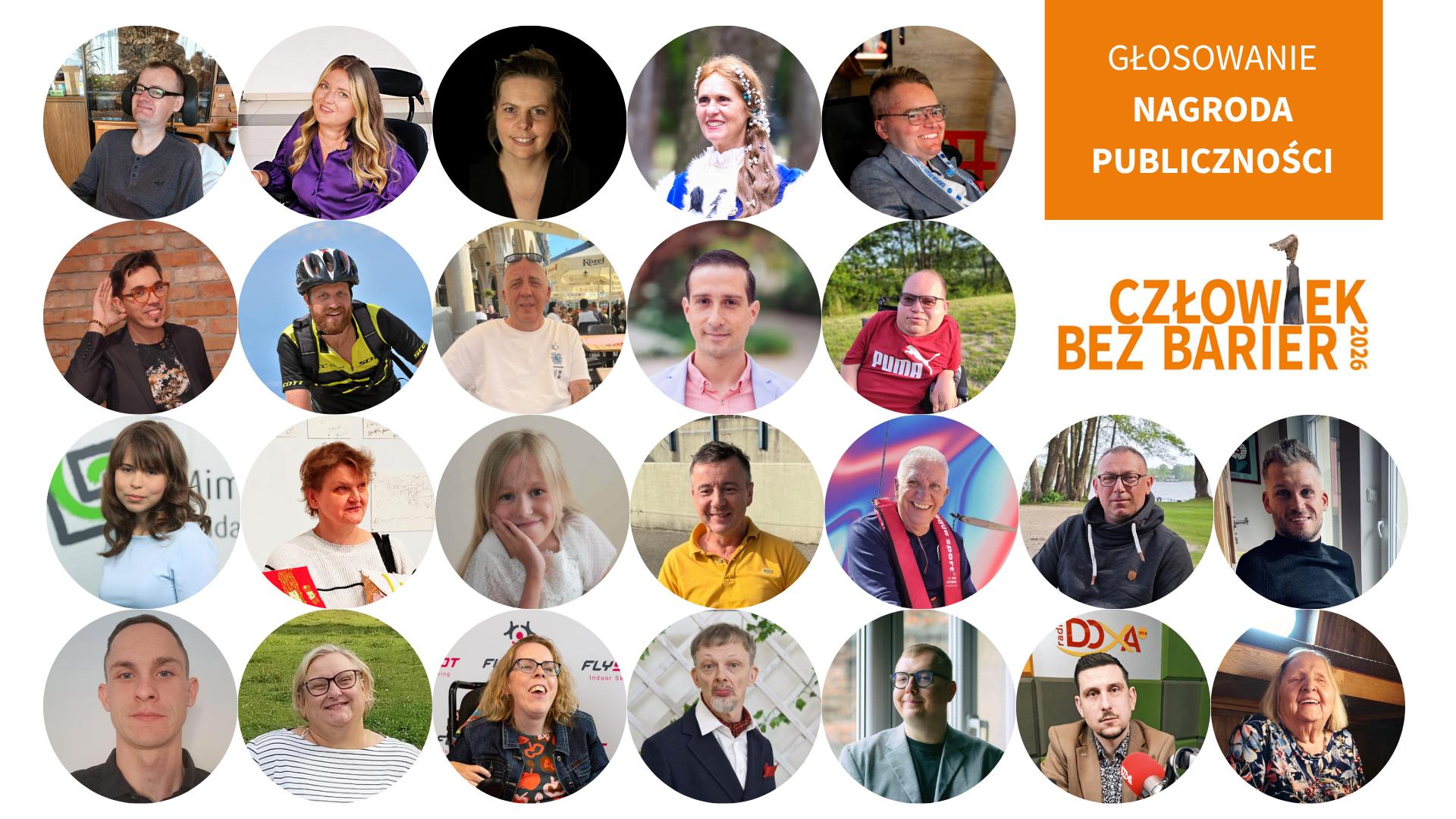 grafika z 24 kółkami w których są zdjęcia portretowe kandydatów do nagrody, w górnym prawym rogu na pomarańczowym tle Głosowanie Nagroda Publiczności, poniżej logotyp konkursu